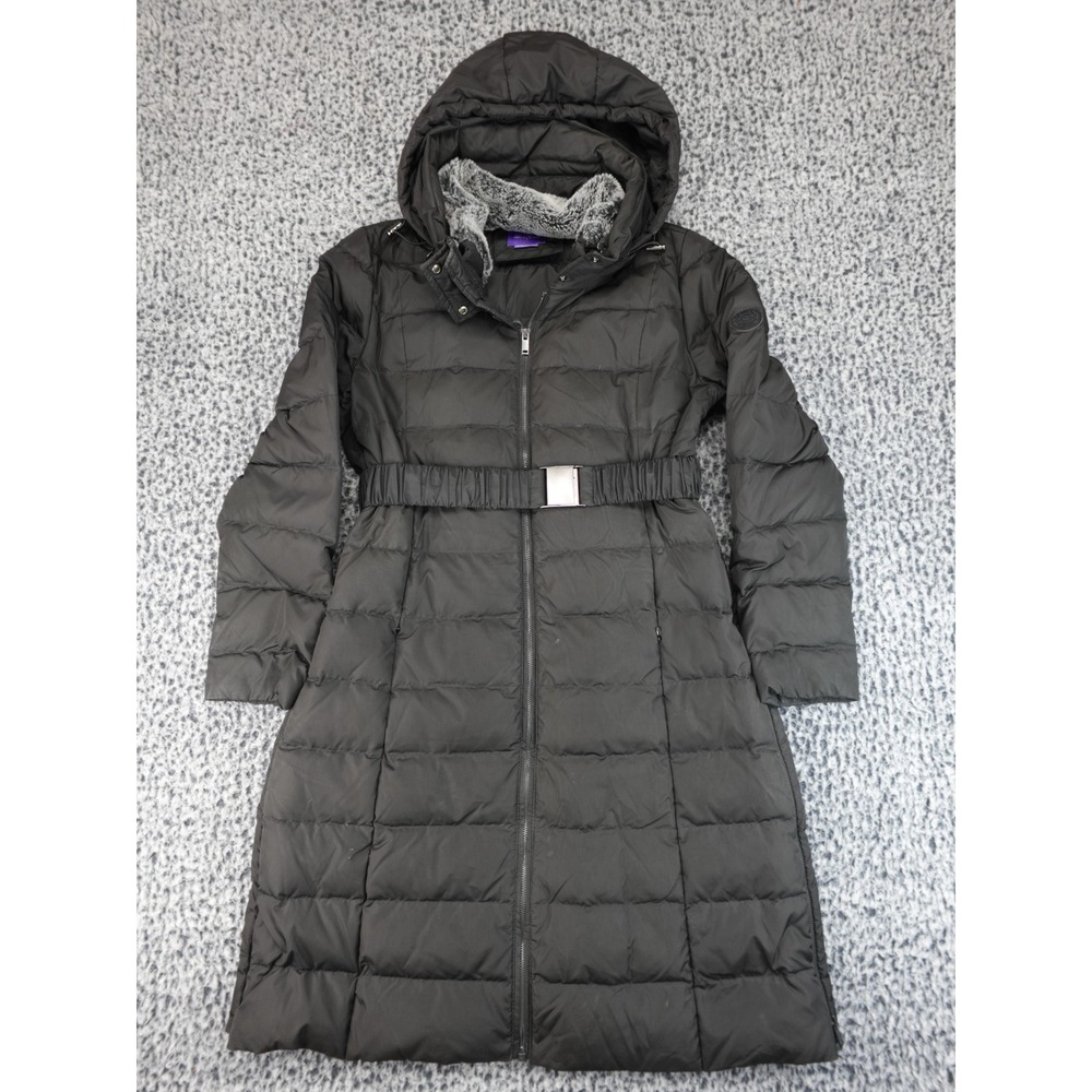 Seraphine Maternity Puffer Coat Women 8 Black Long Belted Hooded Faux‎ Fur Trim